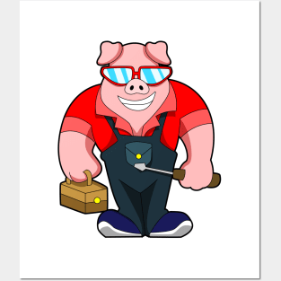 Pig as Mechatronics engineer with Tool box Posters and Art